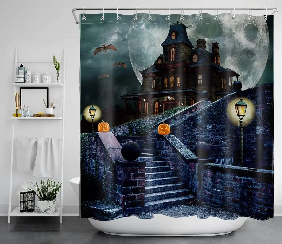 Занавеска для душа с черными летучими мышами тыквами и фонарями