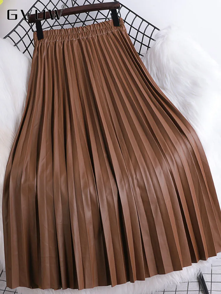 

GVUW PU Leather Skirt For Women High Waist Korean Fashion Solid Color Fold Skirts Casual Female Clothing 2023 Spring New 17G1611