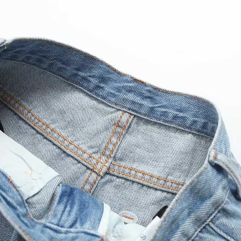 Jenny&Dave High Waist Casual Bermuda Women American Retro Washed Old Contrast Denim Shorts