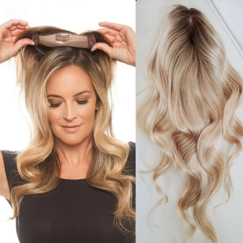 ombre Blonde 613 Topper Wave Virgin Blonde Remy Human Hair Breathable Mono Net With Clip In Hair Toupee For Women Customed