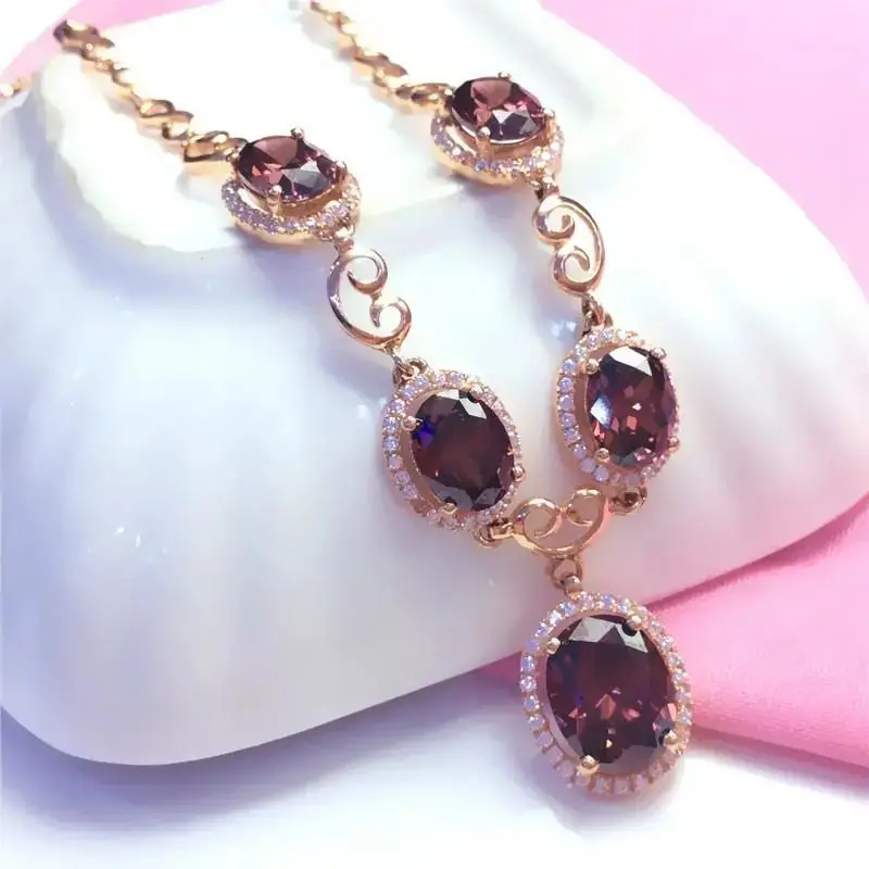 

Purple Gold Rose Gold Smoky Zircon Necklace Luxury Elegant High-End Generous Rose Gold Set Chain Clavicle Chain Ladies