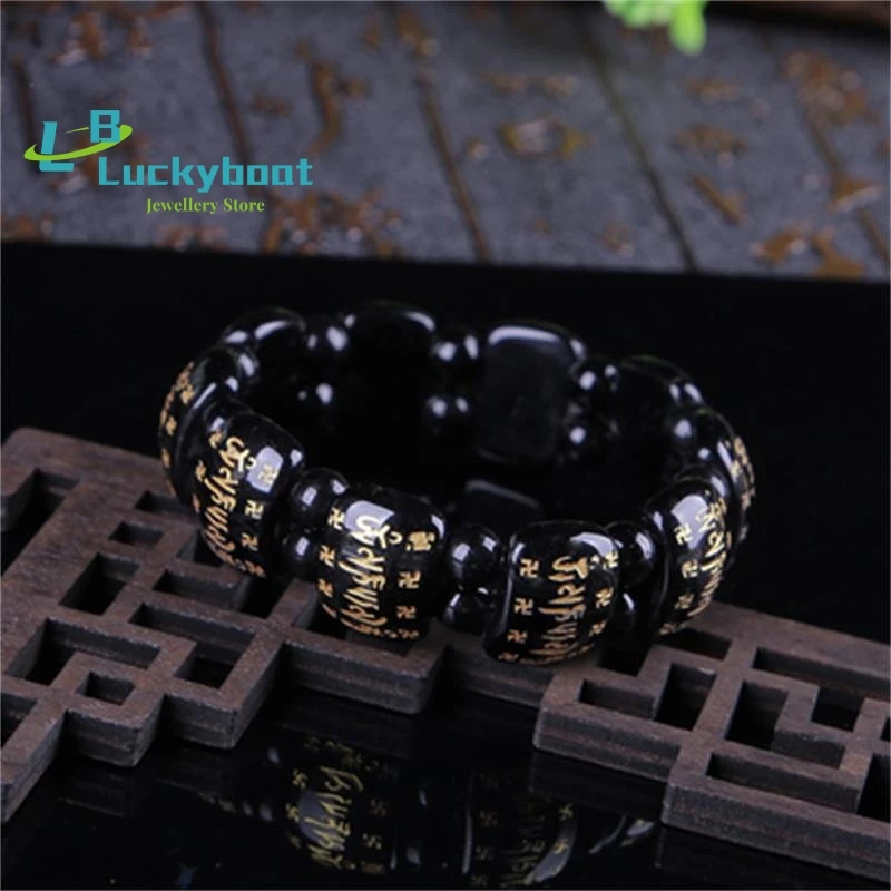 

Natural obsidian hand row six-character mantra black onyx hand brand men and women couple bracelet retro ethnic style gift