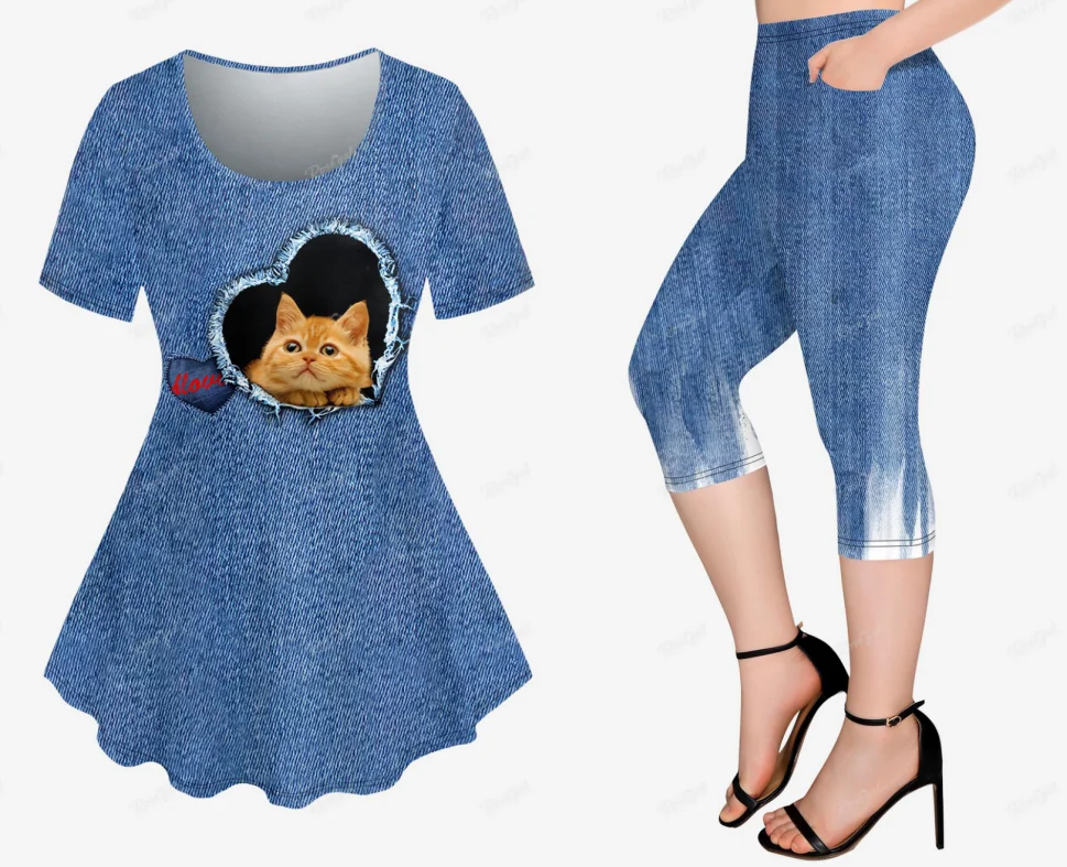 

Plus Size 3D Ripped Heart Cat Denim T-shirt Or Pockets Capri Leggings Women's Summer Printed Outfits XS-6X Can Choose