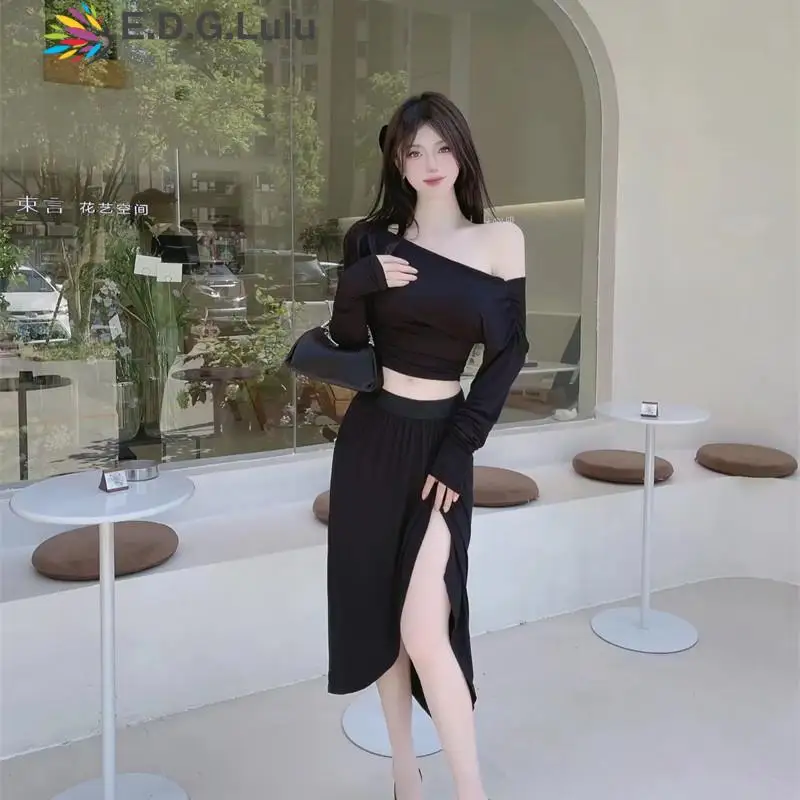 

EDGLuLu Two Piece Sets Womens Outfits Skirts Sets Off Shoulder Long Sleeve Top And High Waist Slit Midi Skirt 2 Piece Sets 0705