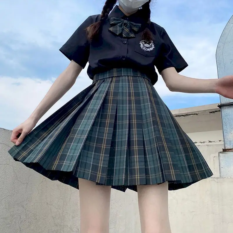 

Kawaii Mini Skirt Plaid Female Green Spring Summer Soft Girl Pleated Skirts High-waist A-line Elegant Solid Color Women Clothes