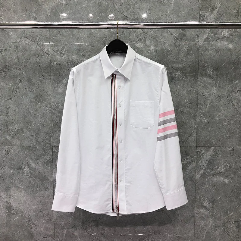 Autunm TB THOM Shirt Spring Fashion Brand Zip Men's Shirt Pink Gray 4-bar Striped Casual Cotton Oxford Custom Wholesale TB Shirt