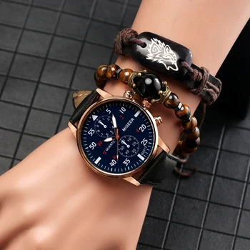New 3 Pcs Men's Watch Set Personalized Vintage Bracelet Blue Large Dial Leisure Quartz Wristwatch Gift Box Birthday for Husband Other Image