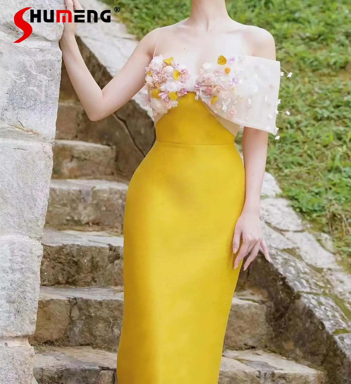 Summer 2023 New Suspender Dress for Women Elegant Fashion 3D Flower Off-Neck Sweet Elegant Lady Solid Color Party Dress