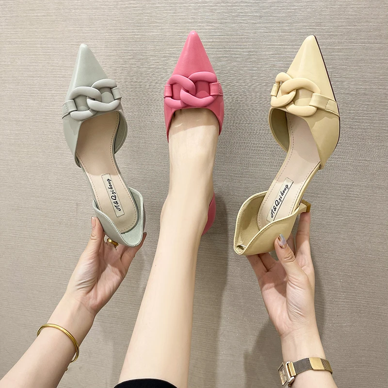 

Sweet Style Purple Pink Office Dress Shoes Party Pumps Thin High Heels Elegant Pumps Fashion Women Pumps Pointed Metal Chain