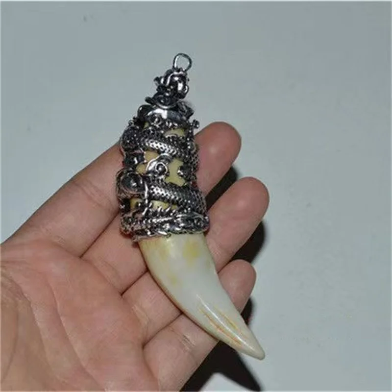

Mai Chuang/ Hand Carved/ Antique Silver Inlaid Boar Tooth Silver Dragon Necklace Pendant Fashion Jewelry Men Women Couple Gift