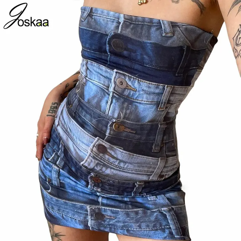 

Joskaa Fashion Denim Print Mini Dress Women Hipster Sexy Wrapped Backless Body-shaping Robe Summer 2023 Harajuku Streetwear