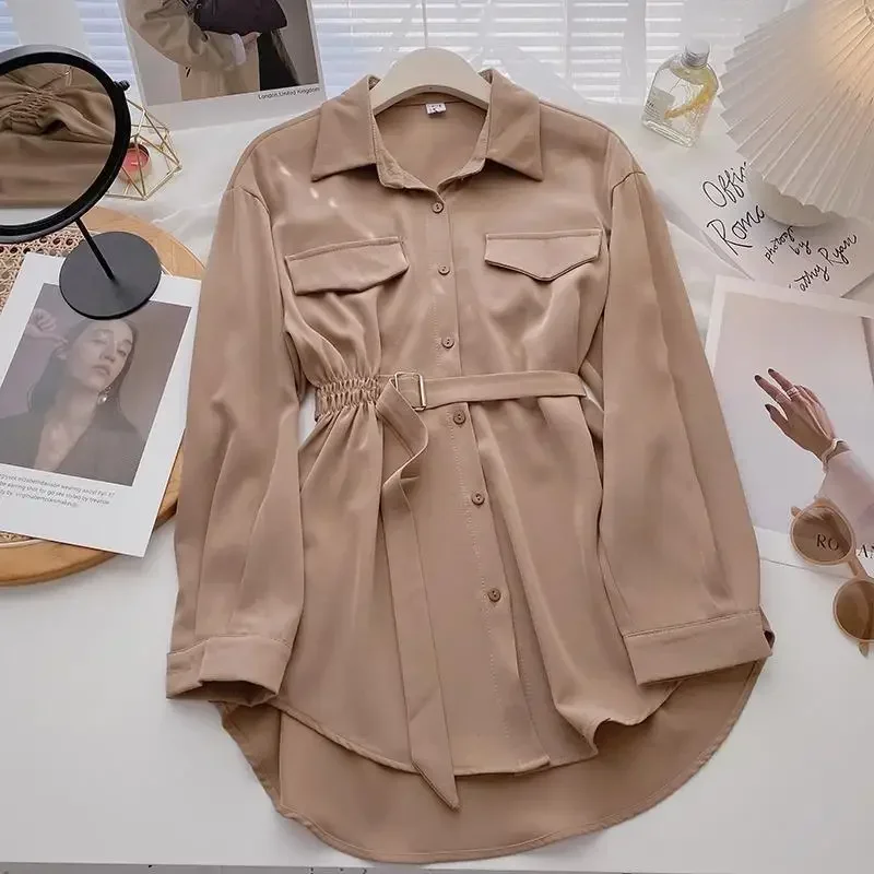 Рубашки женские нежные весенние элегантные однотонные мягкие с поясом