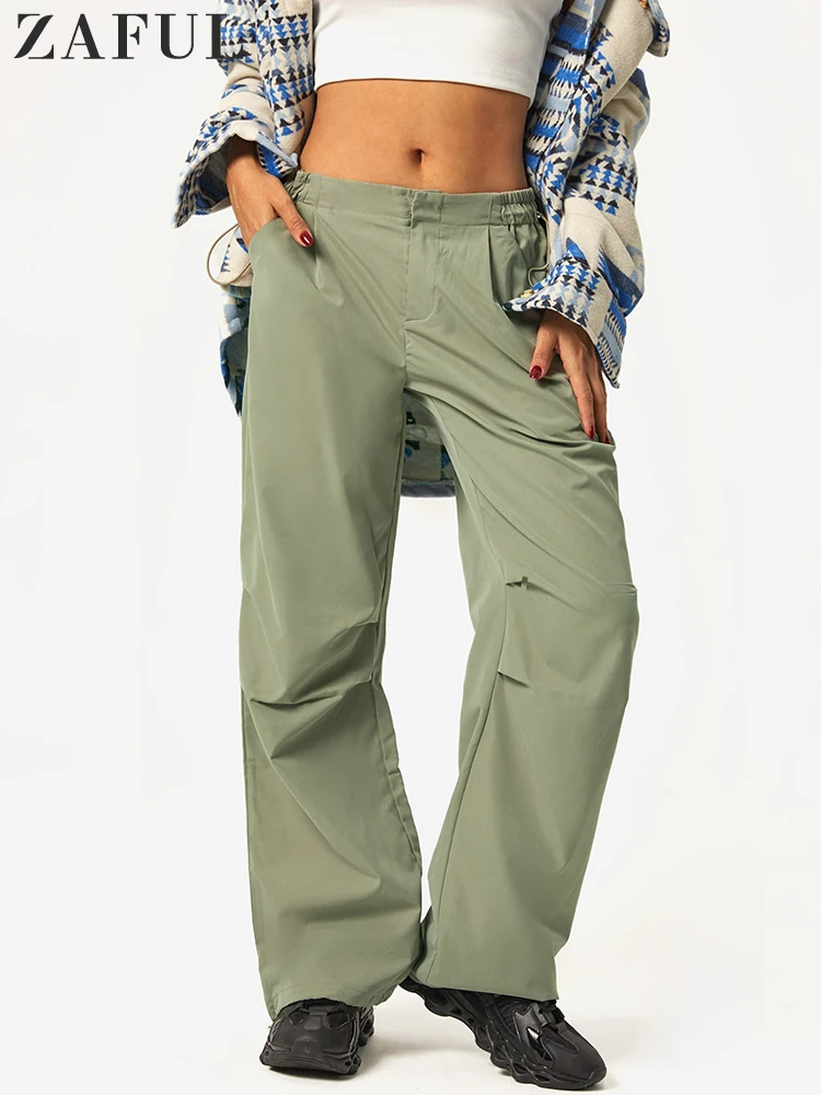 

ZAFUL Women's Pants Pockets Toggle Drawstring Low Rise Pants Traf Y2k Korean Fashion Cargos Parachute Pant Cargo Clothing Baggy