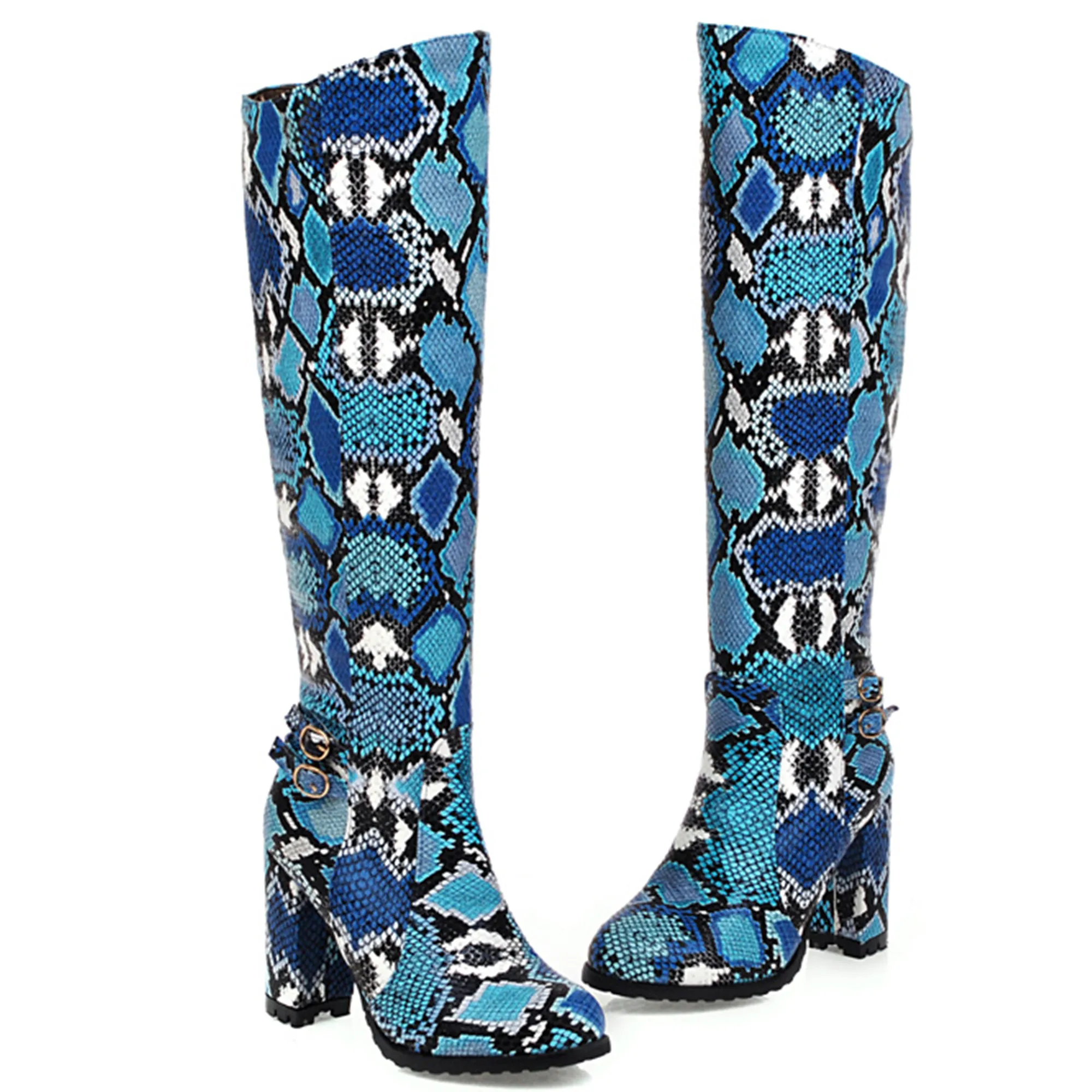 

【ENMAYER】Snake Pattern PU Material Side Zipper Winter Knee High Boots Round Toe Thick Heel Snake Pattern Plush Lining Long Boots