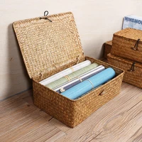 handmade seagrass woven storage box three piece set sundries cosmetic storage basket woven laundry basket with lid toy organizer