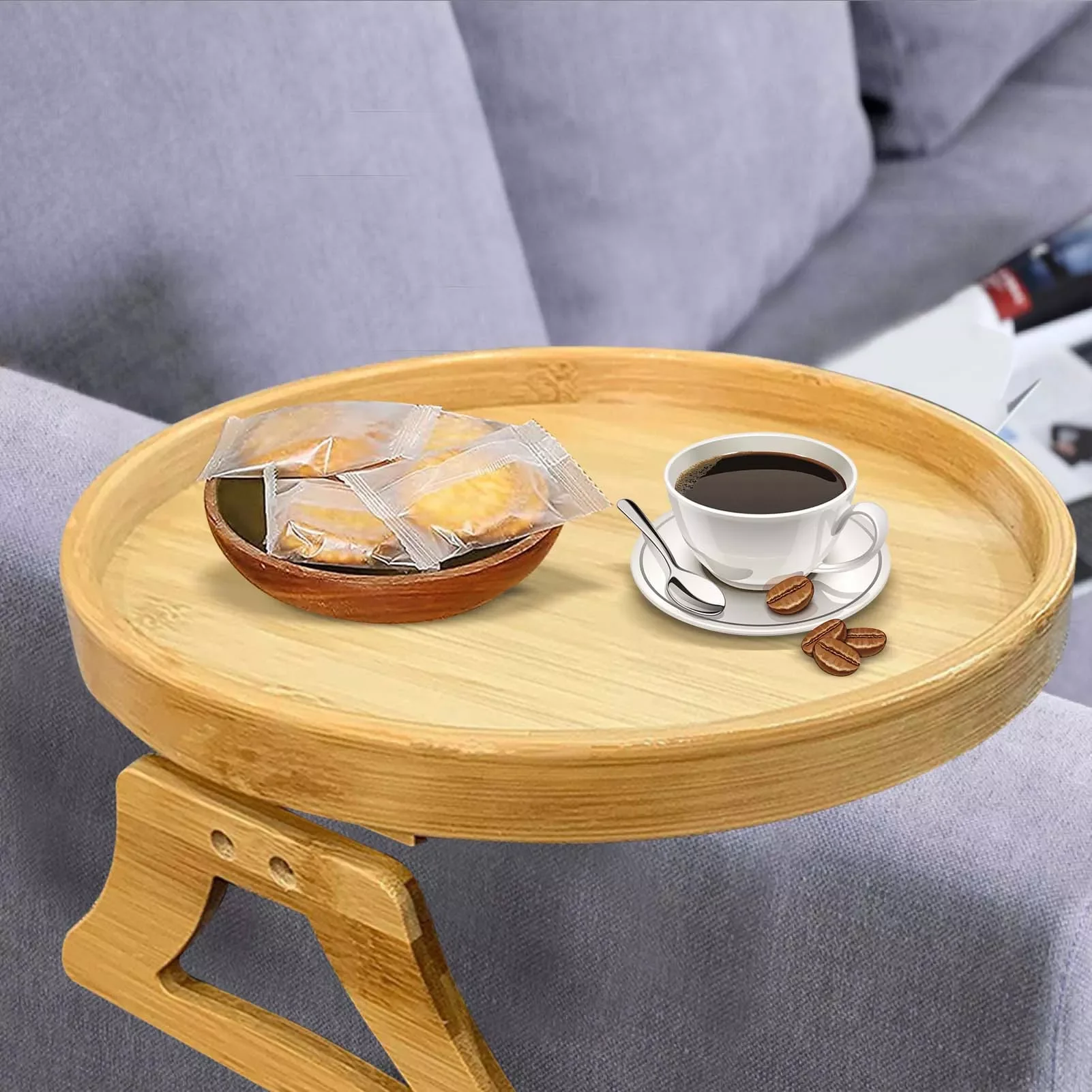 

Sofa Tray Table Sofa Armrest Clip-On Tray Natural Bamboo Sofa Tray Practical TV Snack Tray For Remote Control/Coffee/Snacks