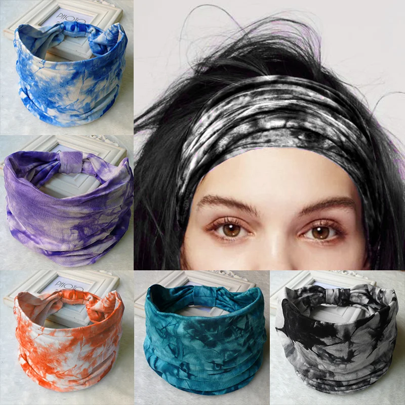 

Tie Dye Wide Knotted Headbands For Women Vintage Turban Headwrap Girls Elastic Bandana Headscarf Yoga Sport Cycling Hairbands