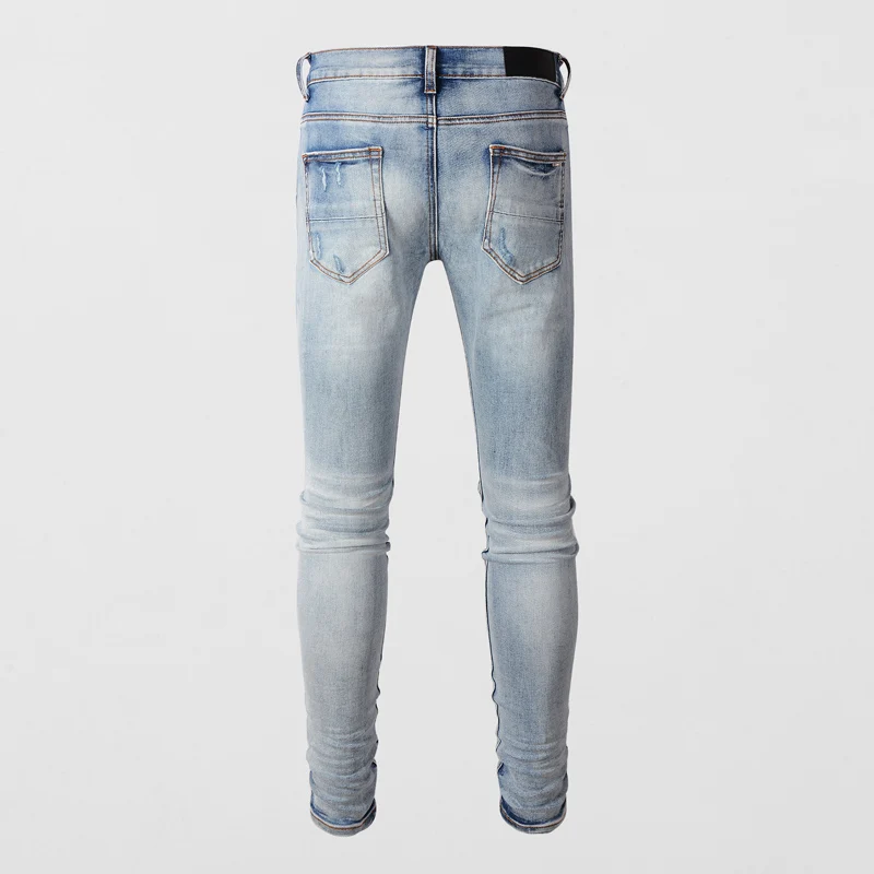 High Street Fashion Men Jeans Retro Light Blue Stretch Skinny Fit Ripped Jeans Men Leather Patched Designer Hip Hop Brand Pants