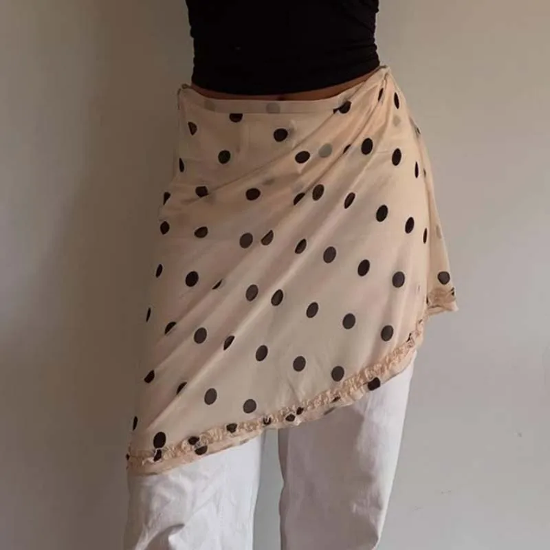 Винтажные юбки-миди в горошек 90-х годов Y2k Кокетка с низкой талией Прозрачная юбка