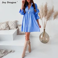women solid color ruffle midi dress loose a line petal sleeve button dress summer fashion clothes for ladies daily casual new