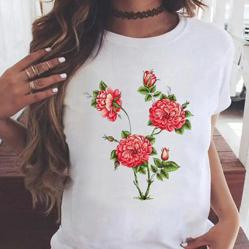 

Fashion Print Flower Lovely Style Cute T-shirts Women Cartoon Shirt Stylish Short Sleeve Graphic T Top Female Tee T-Shirt
