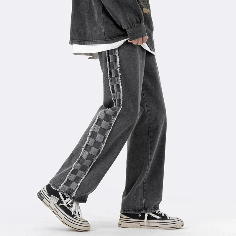 Blue Grey Baggy Jeans Men Fashion Vintage Plaid Jeans Men Japanese Streetwear Hip-hop Loose Straight Denim Pants Mens Trousers