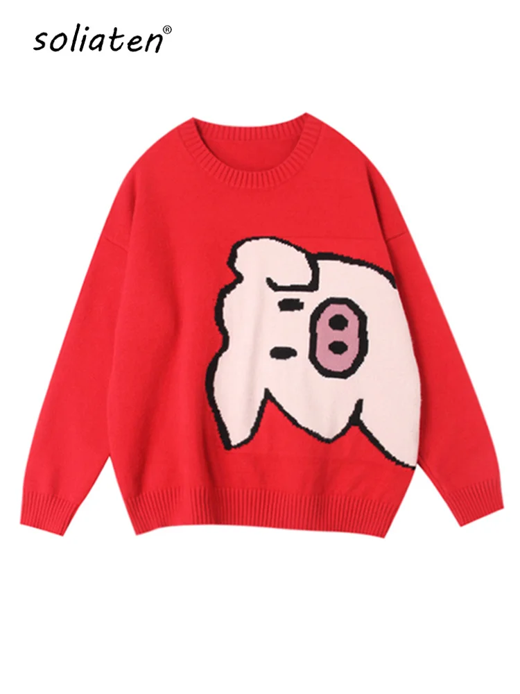 

Spring Autumn New Women Pullover Sweaters o Neck Cartoon Pig Pretty Vintage Japan Style Ladies Knitwear Jumper Tops C-068