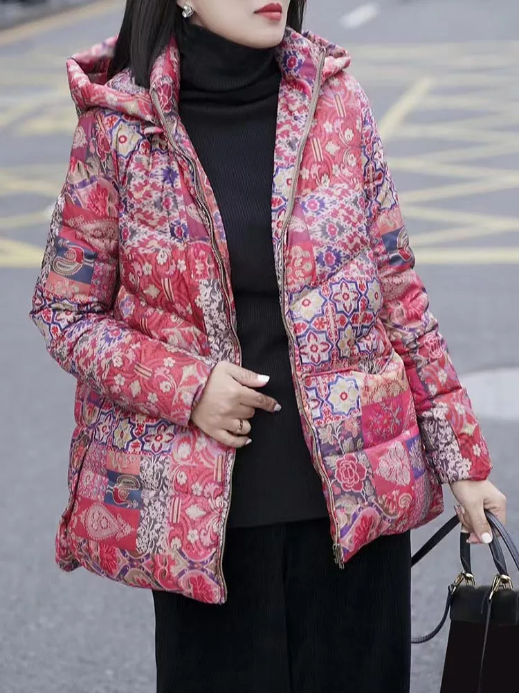 

Female 2022 Warm Winter New in Fashion Goose Down Warm Medium Long Fried Printing Pocket zipper Hooded Puffer Down Jacket Women