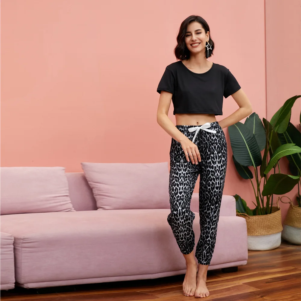 Women's Summer Sets Pajamas Fashion Homewear Shorts Sleeve Solid Short Top Leopard Print Lace-up Shrink Trousers Women Pajama