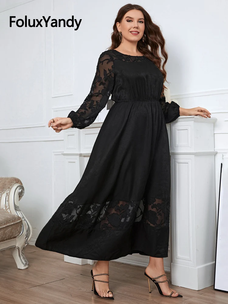 

Vintage Women Lace Long Dress O Necl Loose A-line Ankle Length Long Sleeve 3XL 4XL Plus Size Dress Black CNFS97