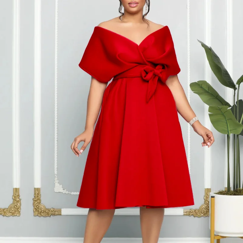 

Платья в африканском стиле для женщин, летнее элегантное платье в африканском стиле с коротким рукавом и V-образным вырезом из полиэстера, белое, Красное Платье До Колена, африканская одежда