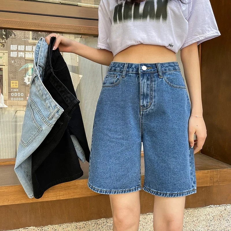 

Шорты женские джинсовые с завышенной талией, классические штаны с широкими штанинами, уличная одежда в Корейском стиле, синие, на лето