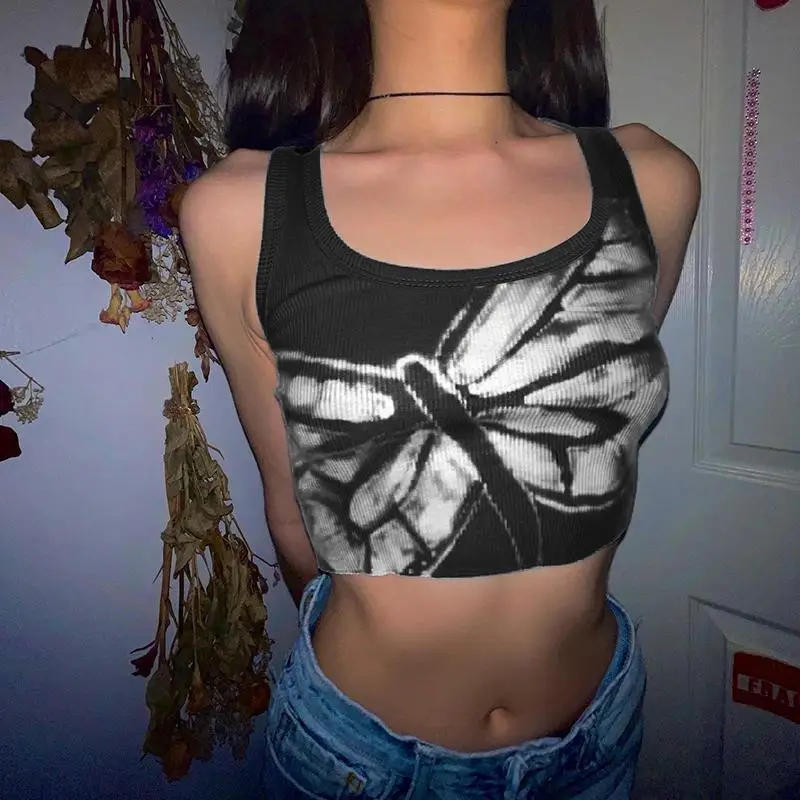 

Vintage Y2K Women's t shirt Sexy clothes Sleeveless tank dragonfly print Gothic sling summer streetwear Black tees shirts tops