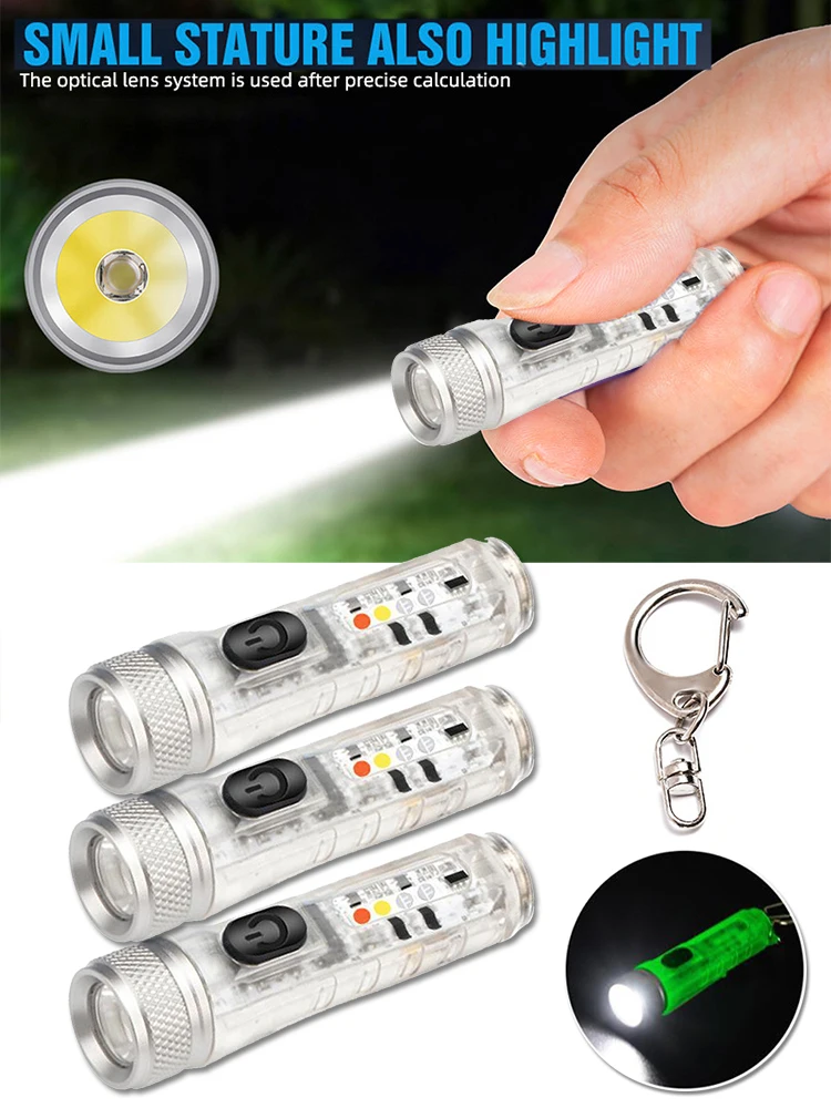 Mini Keychain Flashlight TYPE-C Fast Charging Multi-function IP66 Waterproof Fluorescent Magnetic Warning Camping Flashlight
