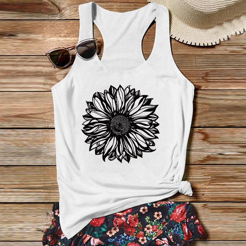 

Sunflower Tank Tops Womens Summer Tops Sun Flower White Top American Retro Fashion Clothing Women Tops L