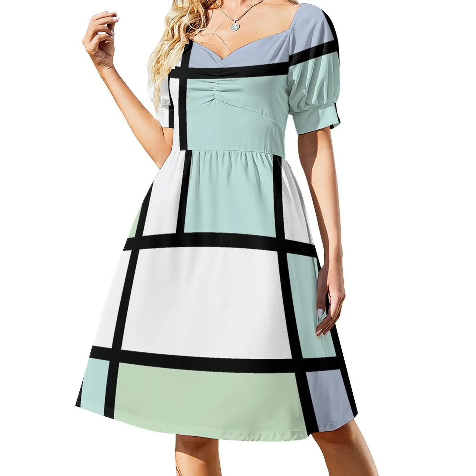 Пастельное платье Mondrian зеленого и синего цвета с короткими рукавами женские