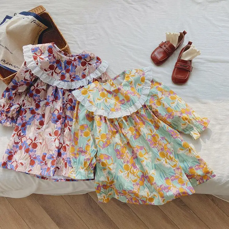 

Korean Style Print Lace Baby Girl Dress Autumn Long Sleeve Clothes Children Kids Dresses