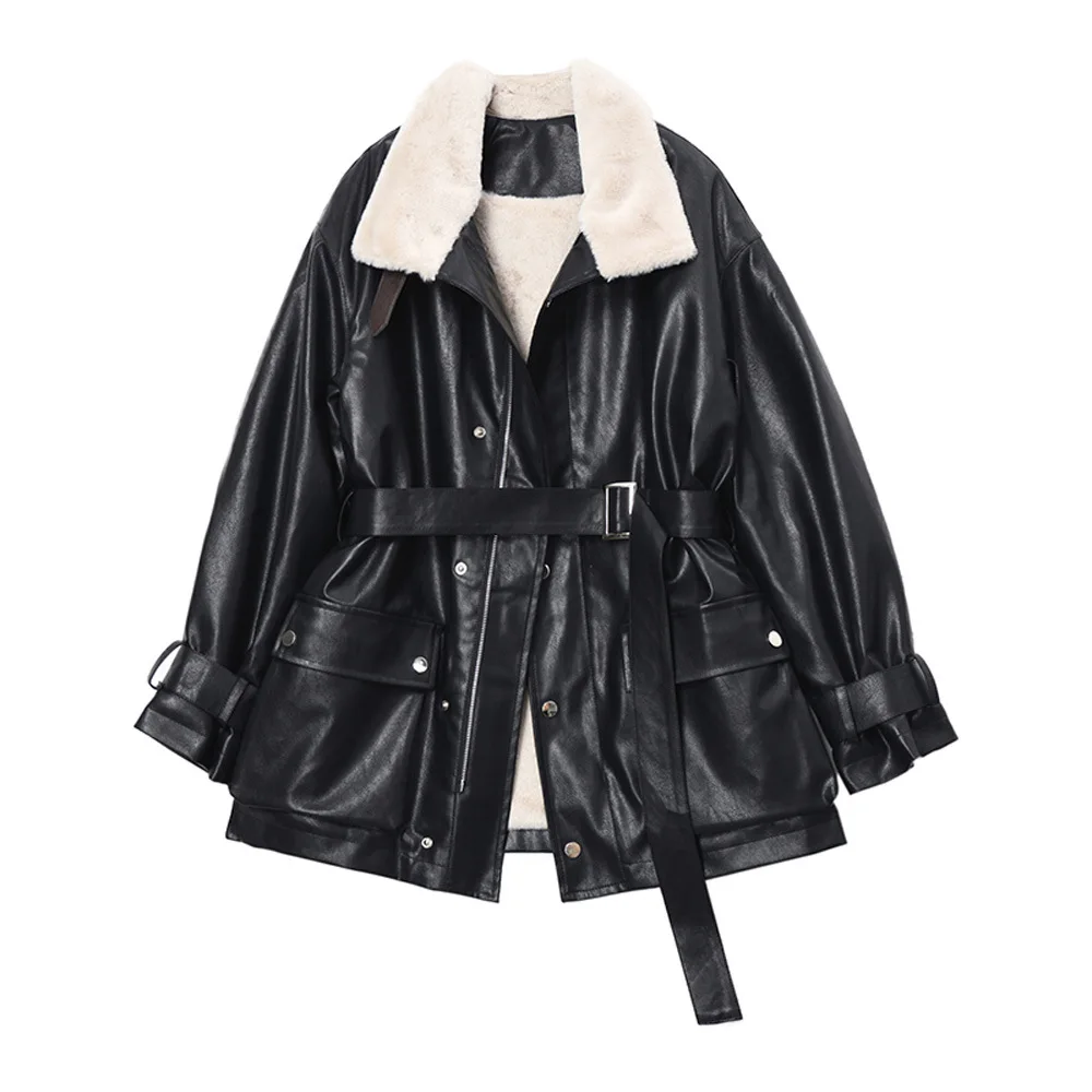 

Girls PU Leather Jacket Oversize Ladies Autumn Winter Black Flufffy Velvet Thick Motorcycle Jackets Cool Faux Fur Leather Coat