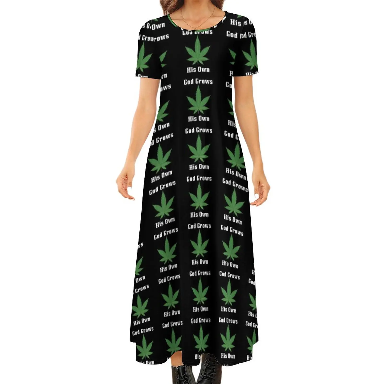 

Винтажное платье-макси с коротким рукавом и принтом «зеленые листья»