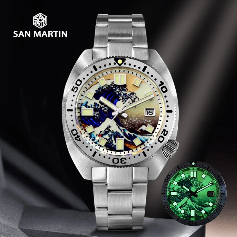 

San Martin 6105 Abalone Watch Men Wave Kanagawa Surfing Dial Stainless Steel Bracelet NH35 Automatic Mechanical Luxury Watches