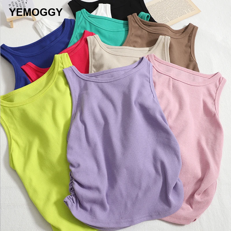 

Basic Solid Color Short Sleeveless Tank tops Women's Summer New women O Neck folds crop Top casual Slim Fit Slim Chic Vest tops