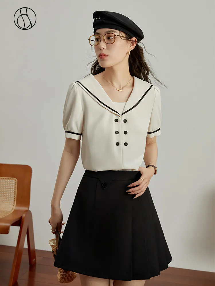

DUSHU Urban Navy Series Age Reduced Navy Collar Shirt for Women White Fashion Short-sleeved Shirt Top Female Summer New