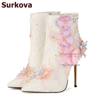 surkova pink blue 3d petal blossom ankle boots white lace embroidery floral dress shoes bling bling crystal beaded wedding pumps