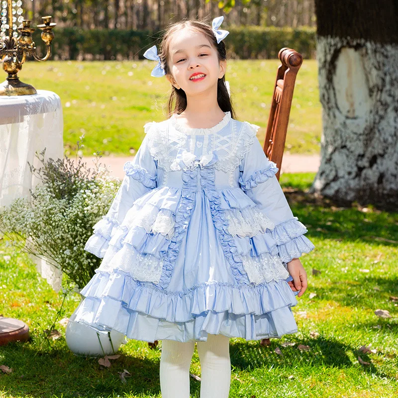 

2023 Baby Girl Dress Spring Autumn Vintage Spanish Pompom Ball Gown Princess Lolita Dress Children Girl Birthday Eid Dress 1-8Y