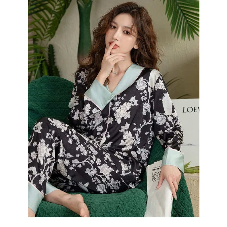 Lisacmvpnel Autumn Ice Silk Pajamas Women's Print Fashion Thin Long Sleeve Pajama Set
