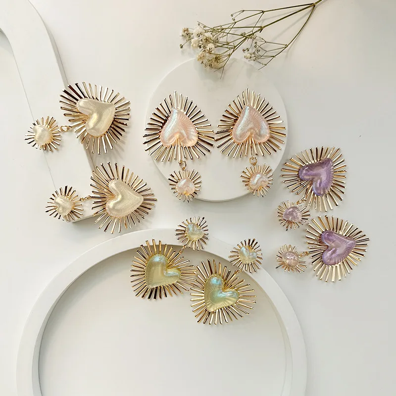 New Cute Heart Drop Earrings for Woman with Pink Opal Golden Teens Unusual Korean Hanging Earrings Trend 2023 Fashion Accessory