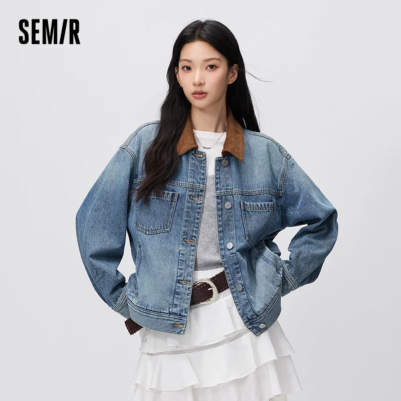 Фото Женская джинсовая куртка Semir с эффектом потертости, отложным воротником, спущенным плечом, свободного кроя, осень 2026, винтажная уличная одежда №1