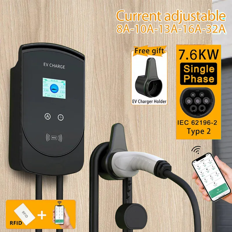 

New Type2 EV Charger IEC62196-2 Plug 7.6KW 32A 1Phase with App Version Wallbox Charging Station 5M Cable Electric Vehicle Car