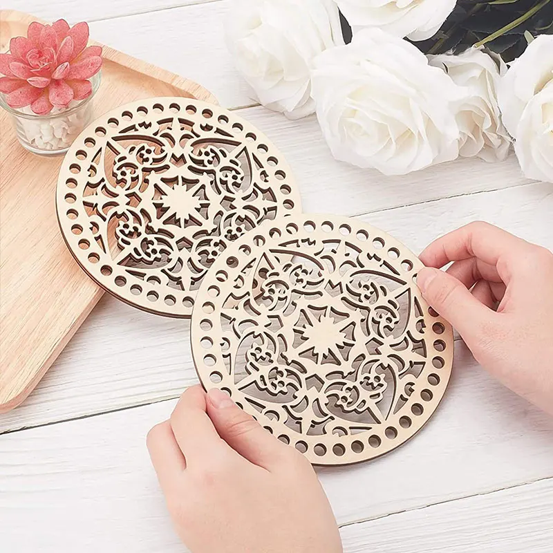 

2PC Wooden Basket Bottom Round Crochet Wood Base Hollow Out DIY Bag Weaving Supplies Natural DIY Craft Handbag Making