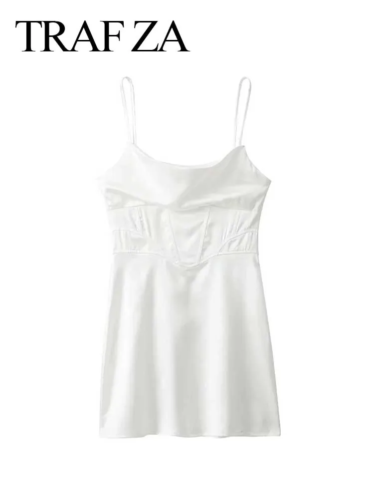

TRAF ZA Advanced Elegant Swing Collar Mini Sling Dress Trend Pure White Skin-Friendly Lightweight Sexy Temperament Lady Dress